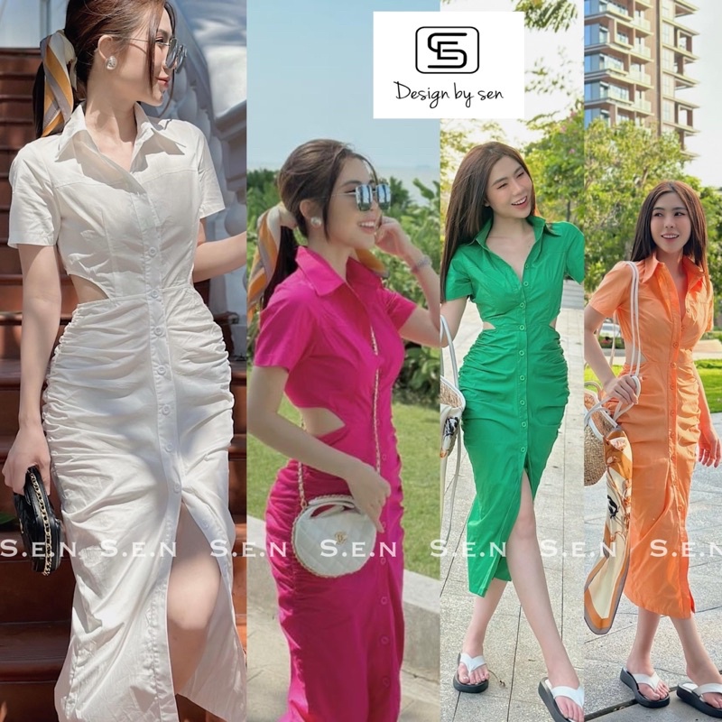 Váy nữ cổ sơ mi khoét eo tay ngắn dài quá gối