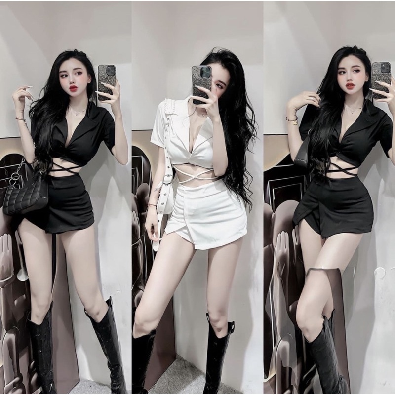 Set Váy XẺ ĐÙI VEST TAY NGẮN SATIN KHUY CÀI Croptop Phối dây BUỘC EO loại đẹp ( ảnh thật trải sàn )