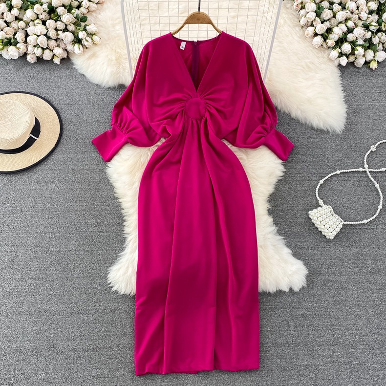 (Video-ảnh thật 4 màu Hàng quảng châu Taobao) Váy Lụa Rúm Ly Ngực Tròn Hồng Cổ V Dáng Xuông Du Lịch Tiệc Dạ Hội