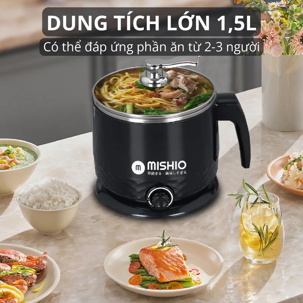 Ca Nấu Đa Năng 1.5L inox 304 Mishio MK214 Màu Đen - Hàng Chính Hãng - Bảo Hành 18 Tháng