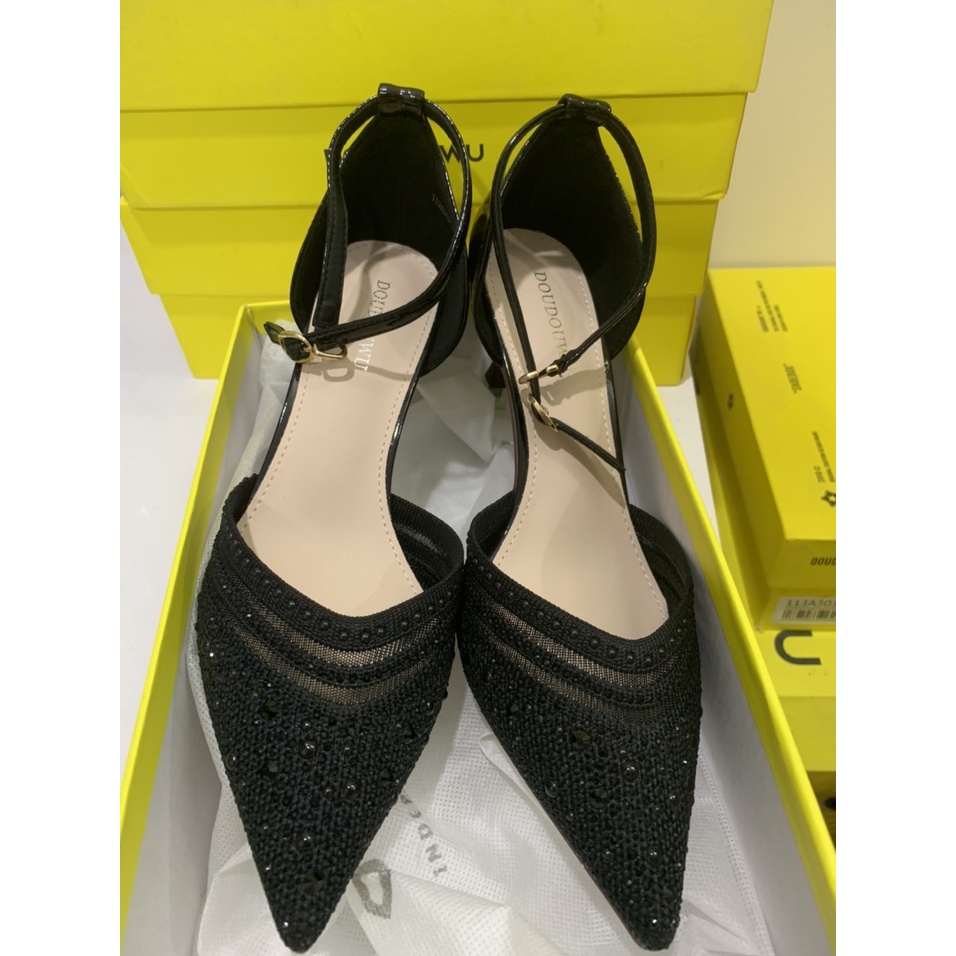 Giày nữ cao gót nhọn 5-7 phân mũi nhọn đính đá quai cài mắt cá hàng Quảng Châu cao cấp full box hãng-Mã BQ0002