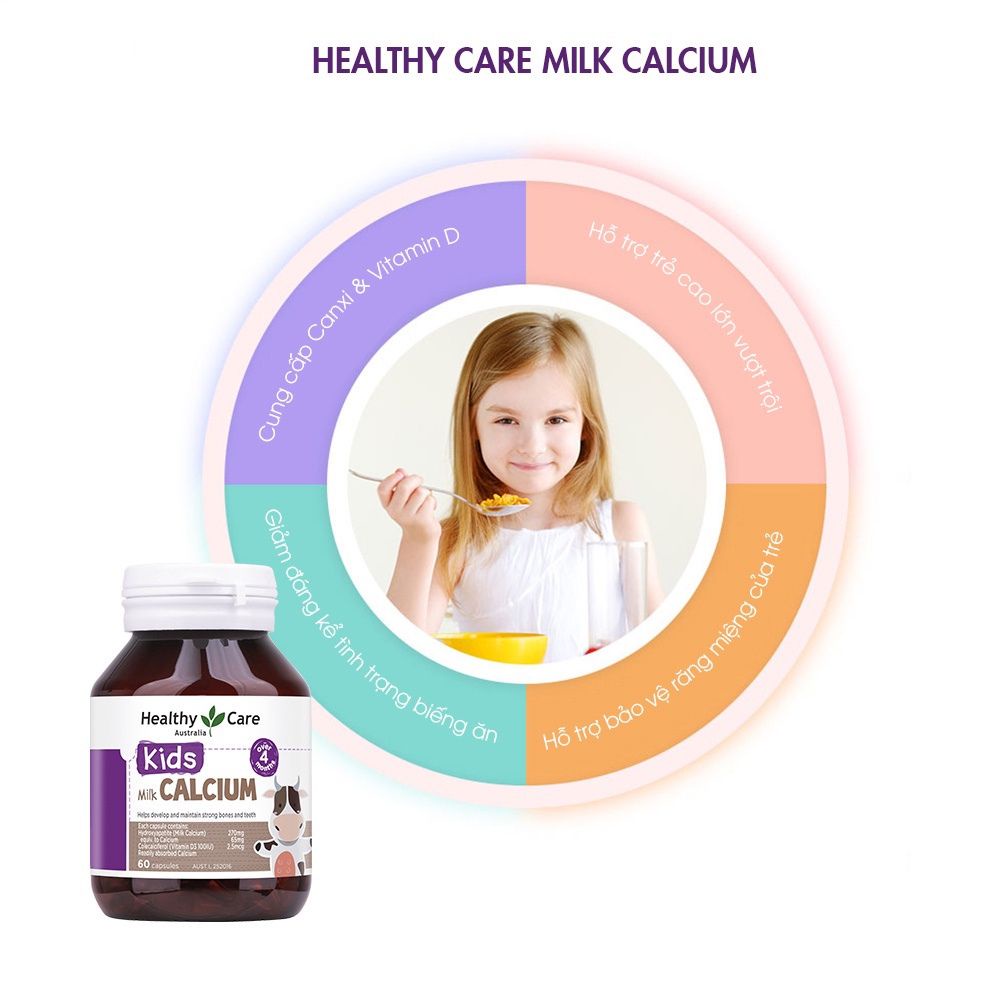 Healthy Care Kids Milk Calcium Cung cấp Canxi và Vitamin D cho bé- Canxi Sữa Dạng Viên Nhai - Lọ 60 viên