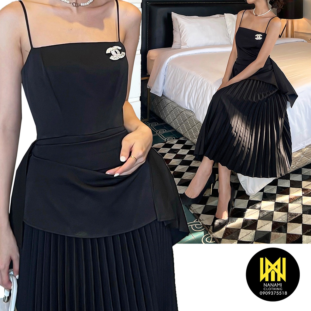 ( HÀNG CHUẨN ĐẸP ) Đầm hai dây phối dập ly cotton hàn Nanami form dáng dịu dàng thướt tha đi tiệc sang chảnh - ATNU070