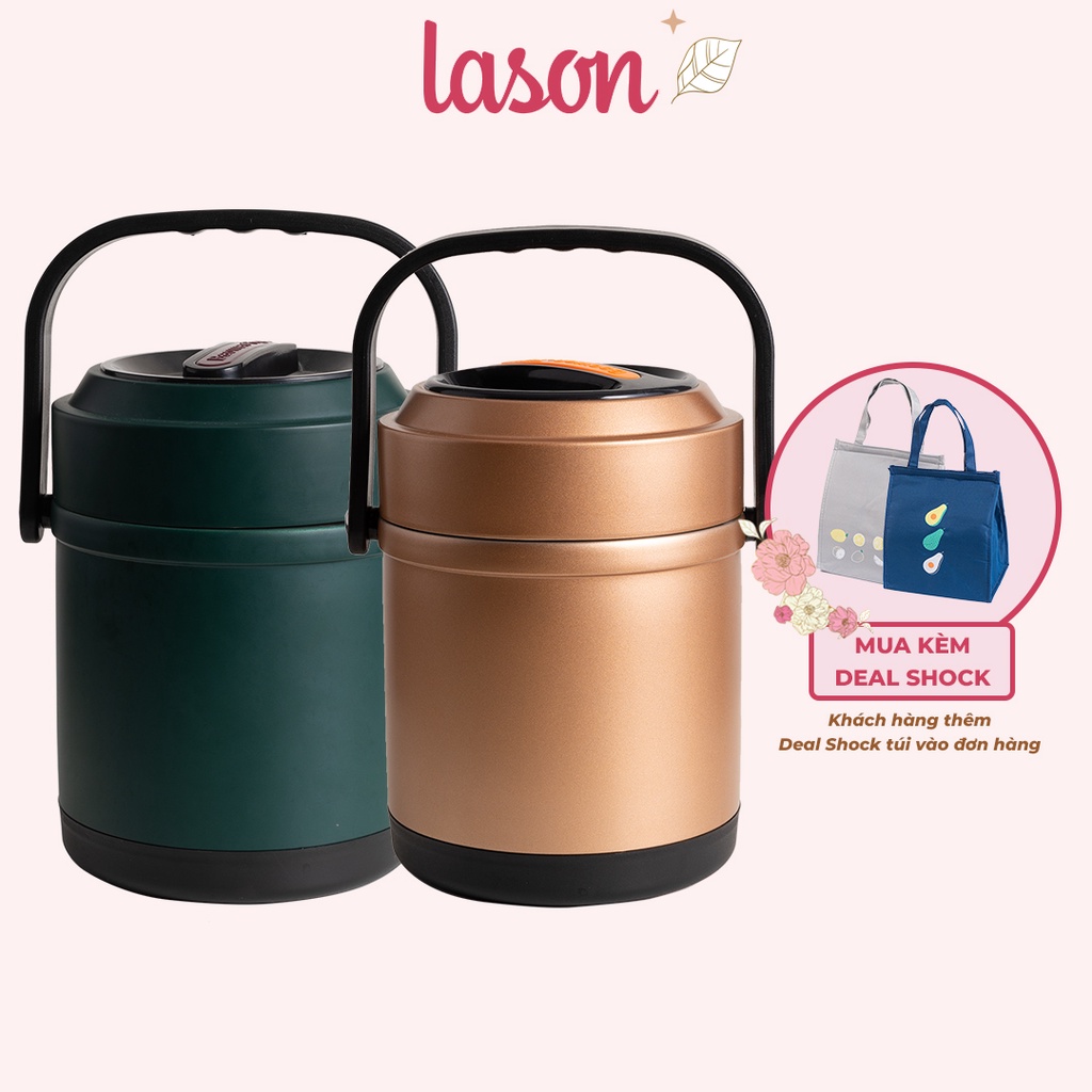 Hộp cơm giữ nhiệt 3 ngăn 2 khay 1600ml LASON, 3 màu, cà men đựng cơm, cặp lồng ủ nóng 6-8 tiếng HC-GN00322