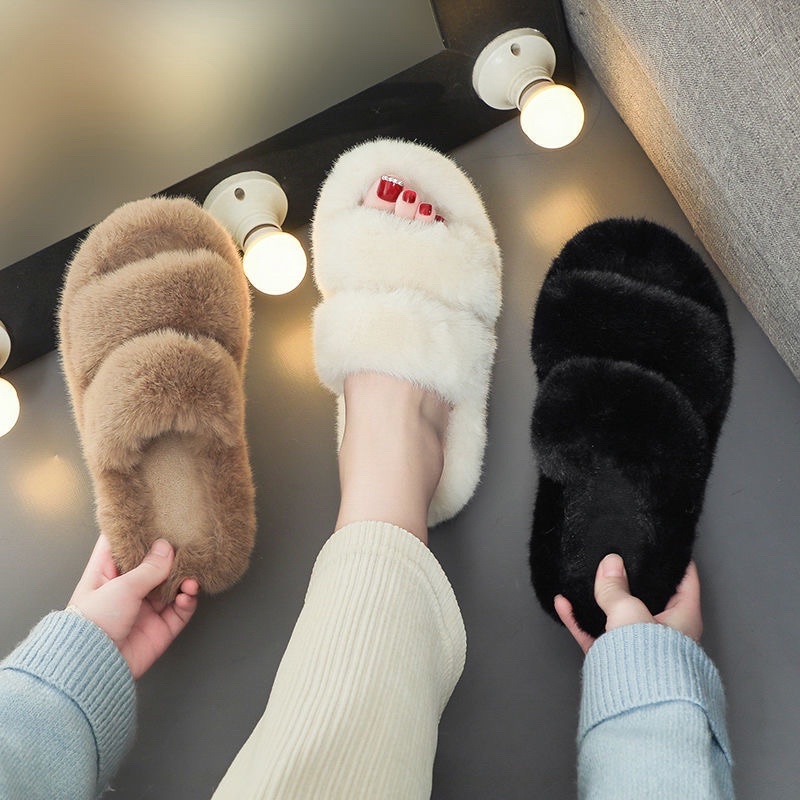 Dép Bông Quai Ngang Phủ Lông Dày Đế Cao 2cm Dễ Thương, Thời Trang Mùa Thu Đông Cho Nữ