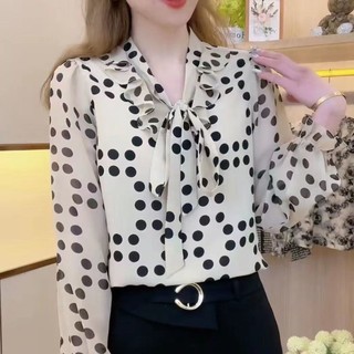 Áo sơ mi von tơ lụa siêu đẹp, cổ áo buộc nơ cách điệu. Áo sơ mi chấm bi form rộng CHII215