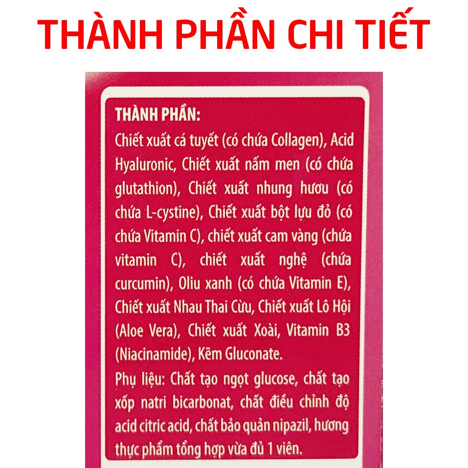 Sủi Collagen bright x10 nhung hươu, lựu đỏ, cam vàng giúp trắng sáng da toàn thân, mịn màng - 20 viên