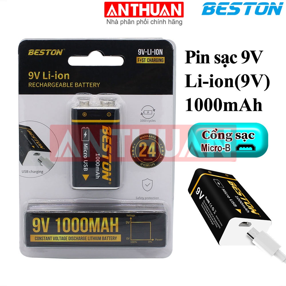 Pin sạc 9V BESTON,pin sạc USB 9V 9VM-10CV,pin sạc Li-ion 9V,pin 9V Lithium,9V 3700mWh(1000mAh),Pin chính hãng BESTON