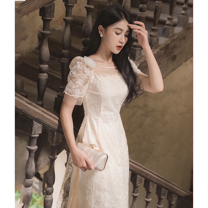 Áo dài cách tân nữ thiết kế ren nơ cài xinh xắn