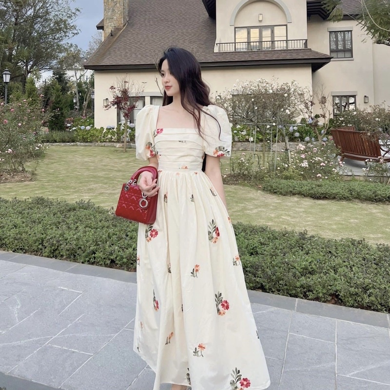 Đầm hoa - Váy maxi tay bồng công chúa tiểu thư dáng xoè Chất vải đũi lụa Quảng Châu mềm mát Kim Anh Fashion345