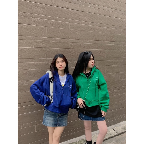Áo Hoodie Zip BAMBILAB Form Ngắn màu Xanh Coban