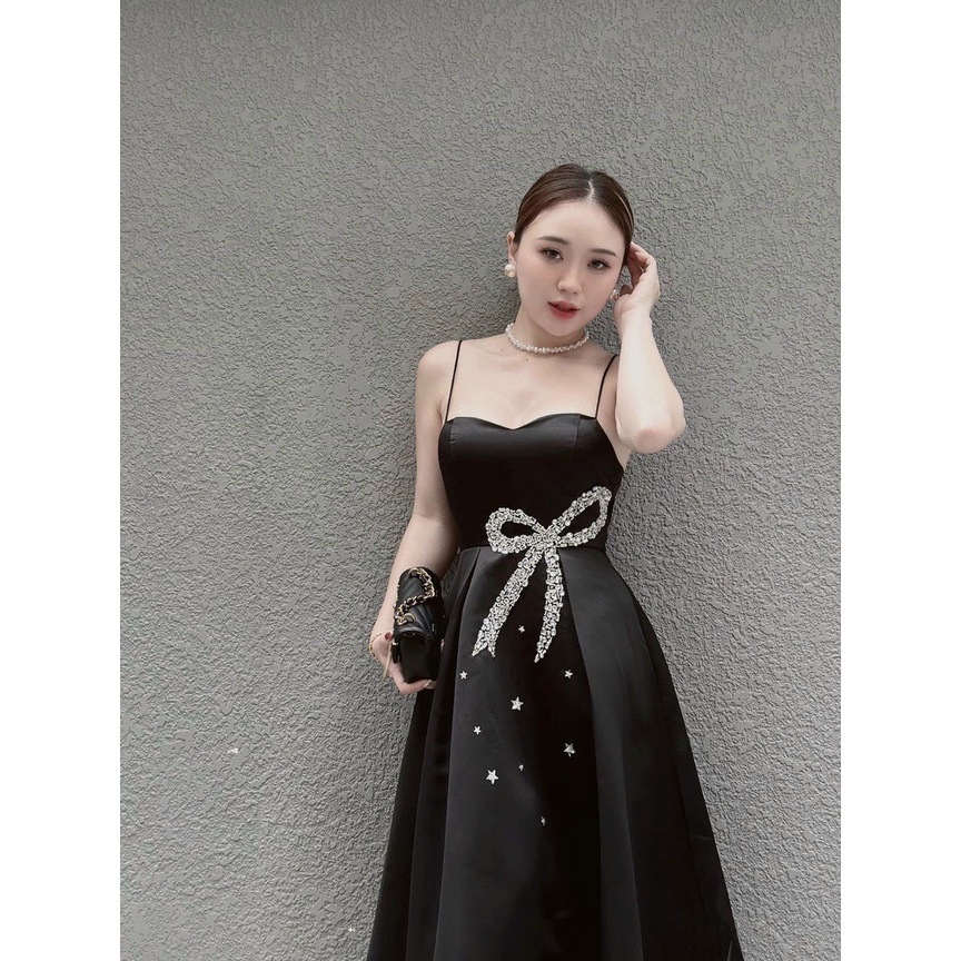 Đầm váy nữ 2 dây tapta ( có mút ngực ) dáng xòe quý phái họa tiết đính nơ kim tuyến dễ thương đi chơi dự tiệc