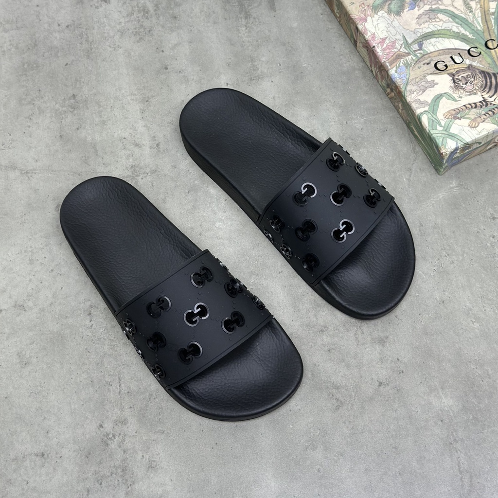 Dép Lê Quai Ngang Gucci Logo Đục Lỗ Đen Full Hàng Quảng Châu