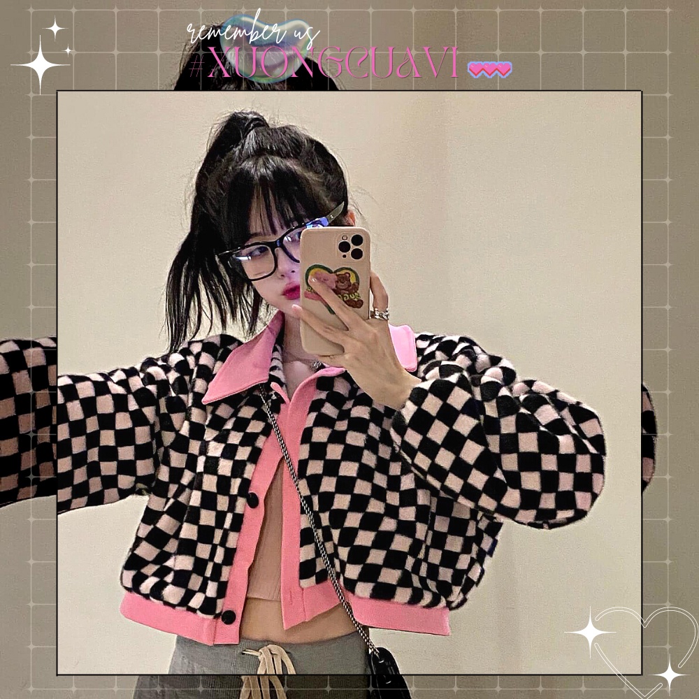 Áo khoác cardigan croptop cho nữ chất liệu nhung lông checkerboard phong cách ulzzang Hàn Quốc AK023