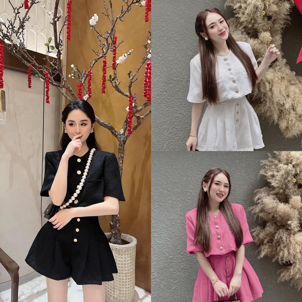 Set váy dự tiệc nữ chân váy xếp ly mix áo tay lửng croptop đính nút ngọc siêu sang thời trang nữ tiểu thư sang chảnh