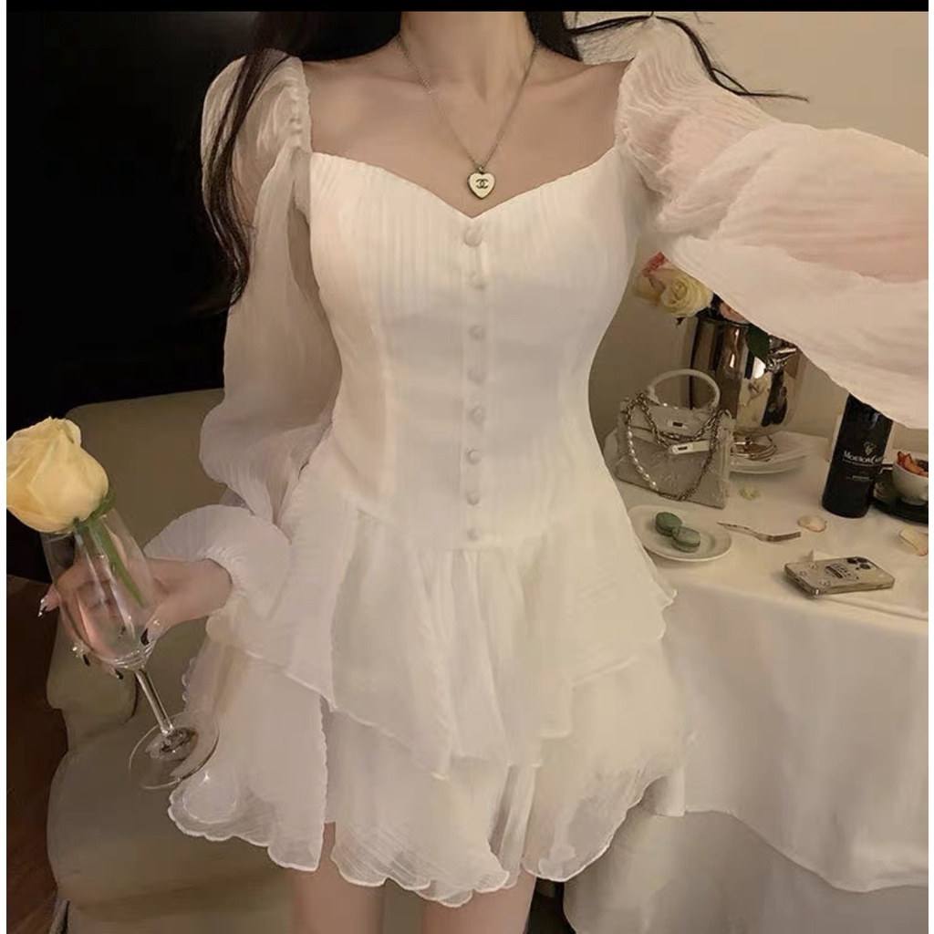 Váy babydoll đầm nữ L66 tay dài phồng trễ vai dáng a ngắn xòe ulzzang hàn quốc công chúa tiểu thư dự tiệc  V14