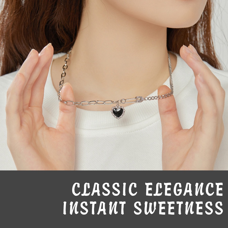 Vòng cổ mạ bạc mặt hình trái tim đính đá pha lê màu đen