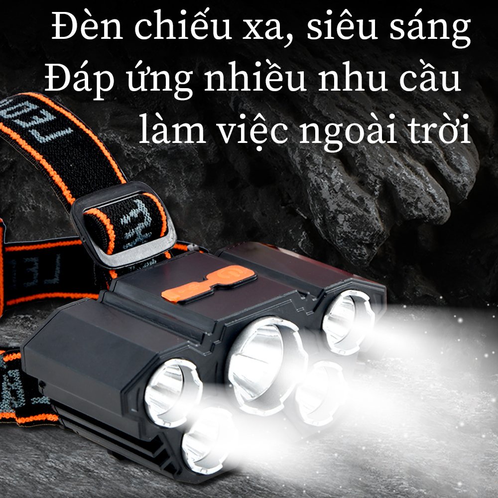 Đèn Pin Đội Đầu, Đeo Trán 5 Bóng, Đèn Pin Siêu Sáng Tích Điện Chống Nước Thích Hợp Đi Dã Ngoại