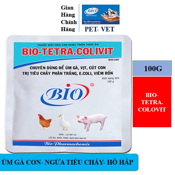 Hỗ trợ úm gà con, ngăn tieu chay, khò khè, khô chân Bio-tetra.colivit 100g