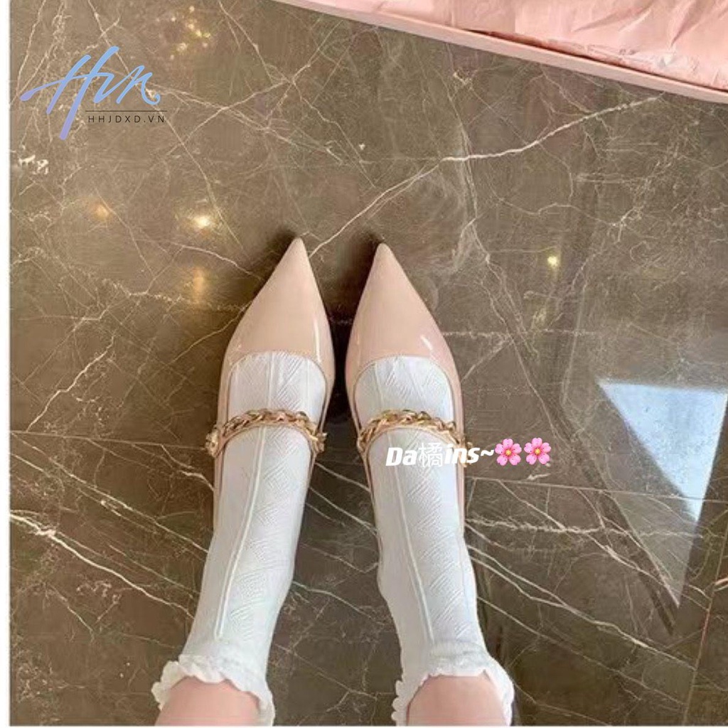 Sandal Cao Gót Mũi Nhọn Hở Ngón Phối Khóa Vàng Phong Cách Thời Trang Hàn Quốc 2023