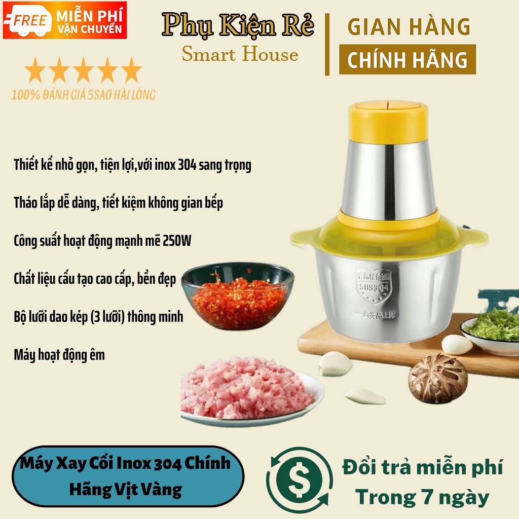 Máy Xay Cối Inox 304 Chính Hãng Vịt Vàng Công Suất 250W, 4 Lưỡi Siêu Sắc Dung Tích 2L Xay Thịt, Cá, Cua, Xay Đá