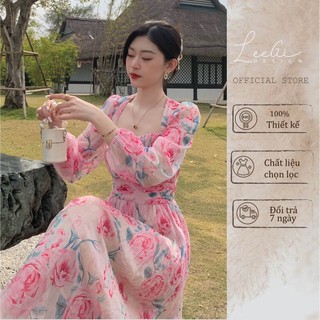 Đầm tơ cổ vuông hoa tigon LiLiQiQi By LeeGi Min5196 Min5197
