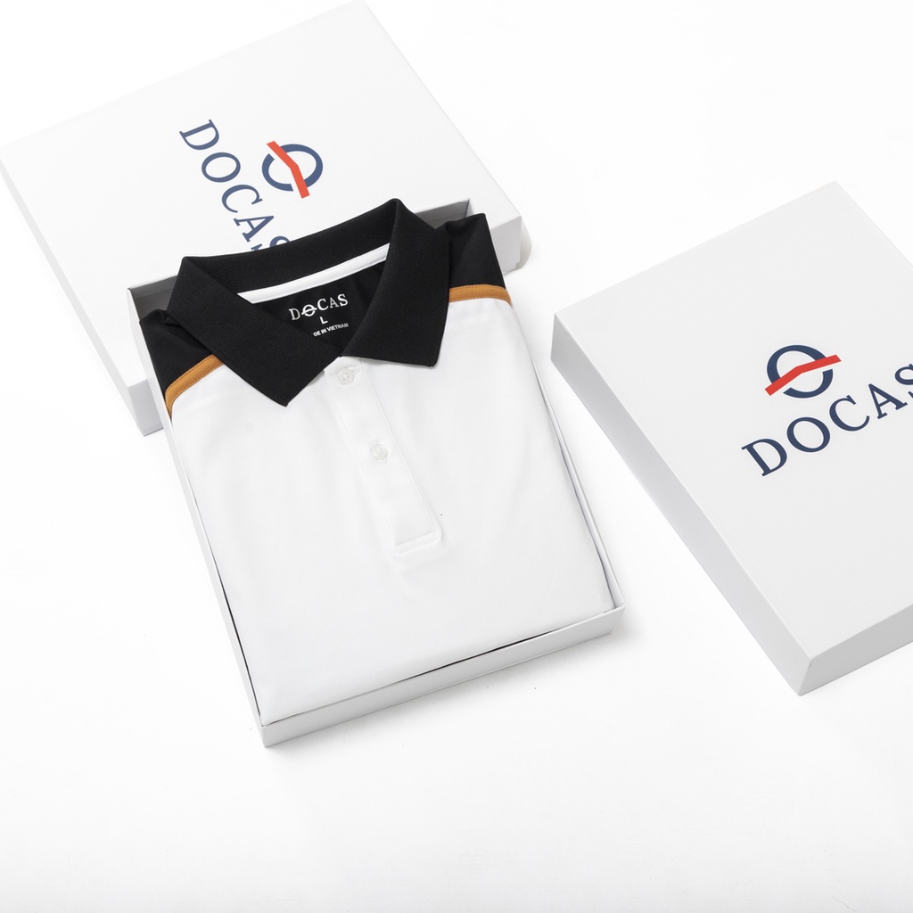 PO008-2 Áo Polo Nam DOCAS Vải Cotton CMC Màu Trắng Cổ Vai Phối Đen Phom Regular Fit
