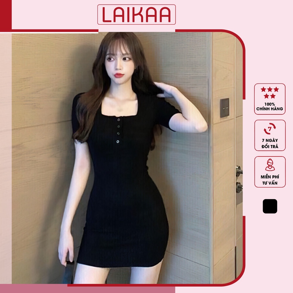 Đầm ôm body cúc bấm tay ngắn thun gân co giãn, Váy ôm body sexy cổ chữ U mặc đi chơi, dự tiệc siêu xinh Laikaa D02