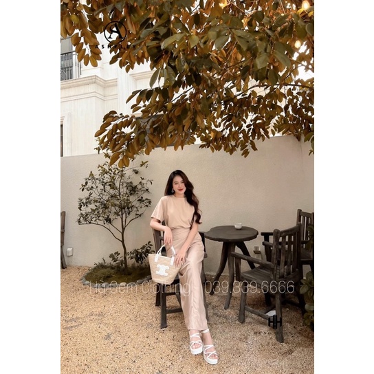 Set váy nữ dáng dài gồm áo cotton cơ bản mix chân váy quấn vạt