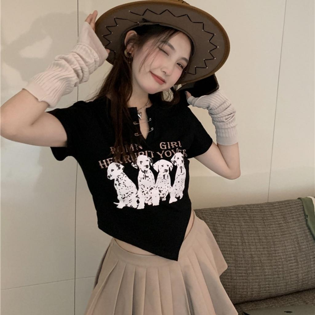 Áo croptop nữ vạt nhọn ngắn tay in hình những chú chó dễ thương GenY, Áo kiểu nữ ôm body -C19-