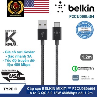 Cáp sạc nhanh BELKIN MIXIT↑™ F2CU060bt04 USB-A to USB-C QC 3.0 18W 480Mbps chiều dài 1.2m