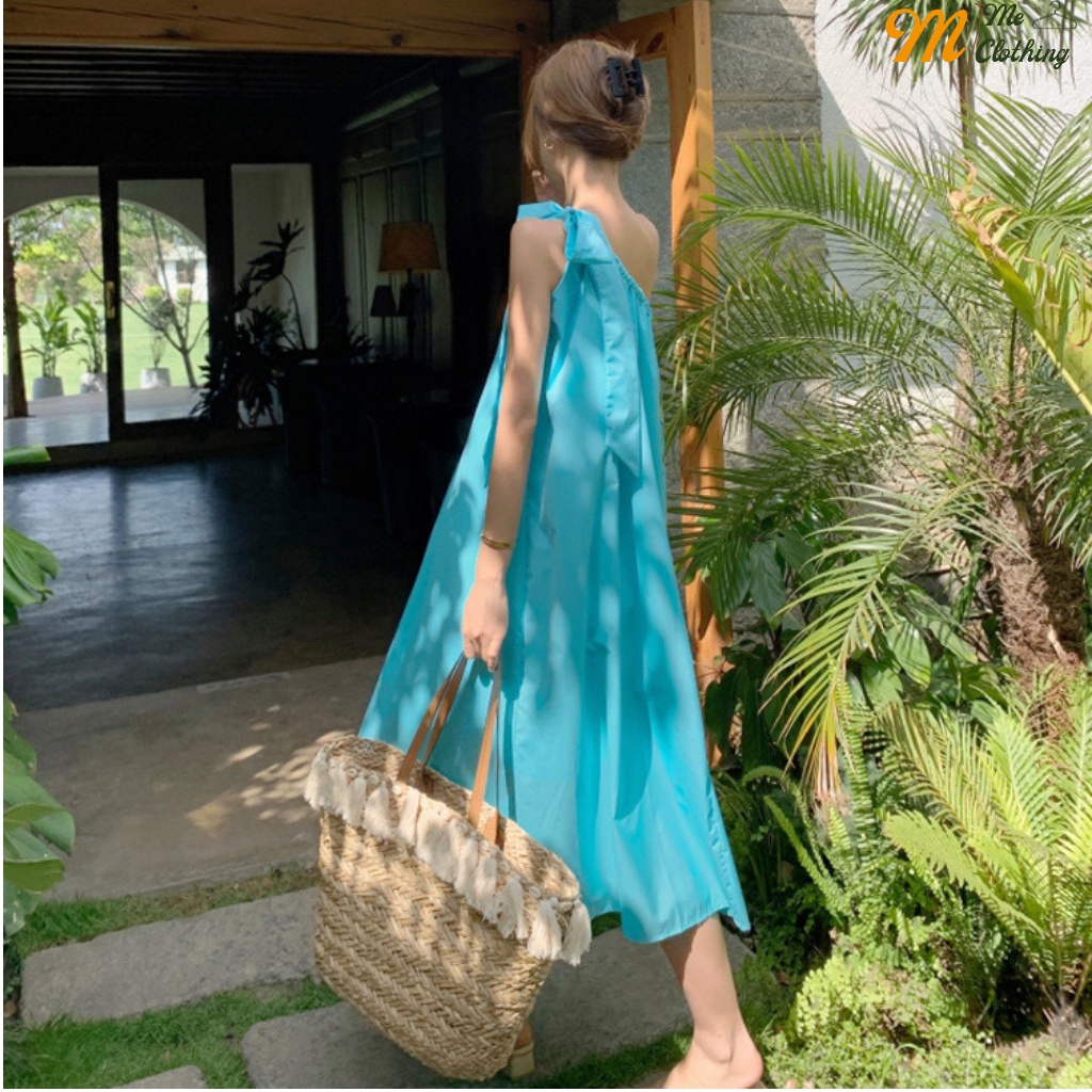 Đầm maxi đi biển hở lưng suông dáng dài nữ lệch vai thắt nơ xanh ngọc