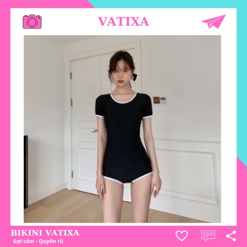 [Có Size M,L,XL] Đồ bơi nữ Bikini 1 mảnh cài khoá sau khoét lưng màu đen viền trắng VATIXA BKN123