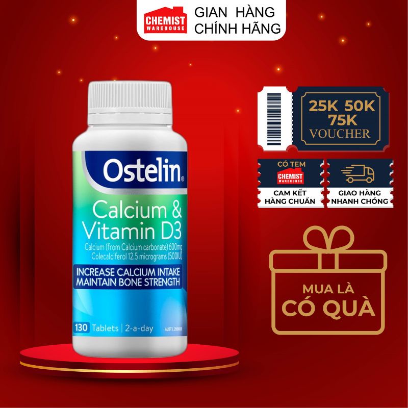 Viên uống bổ sung Canxi và Vitamin D3 cho mẹ bầu Ostelin Calcium & Vitamin D3 130 viên Úc