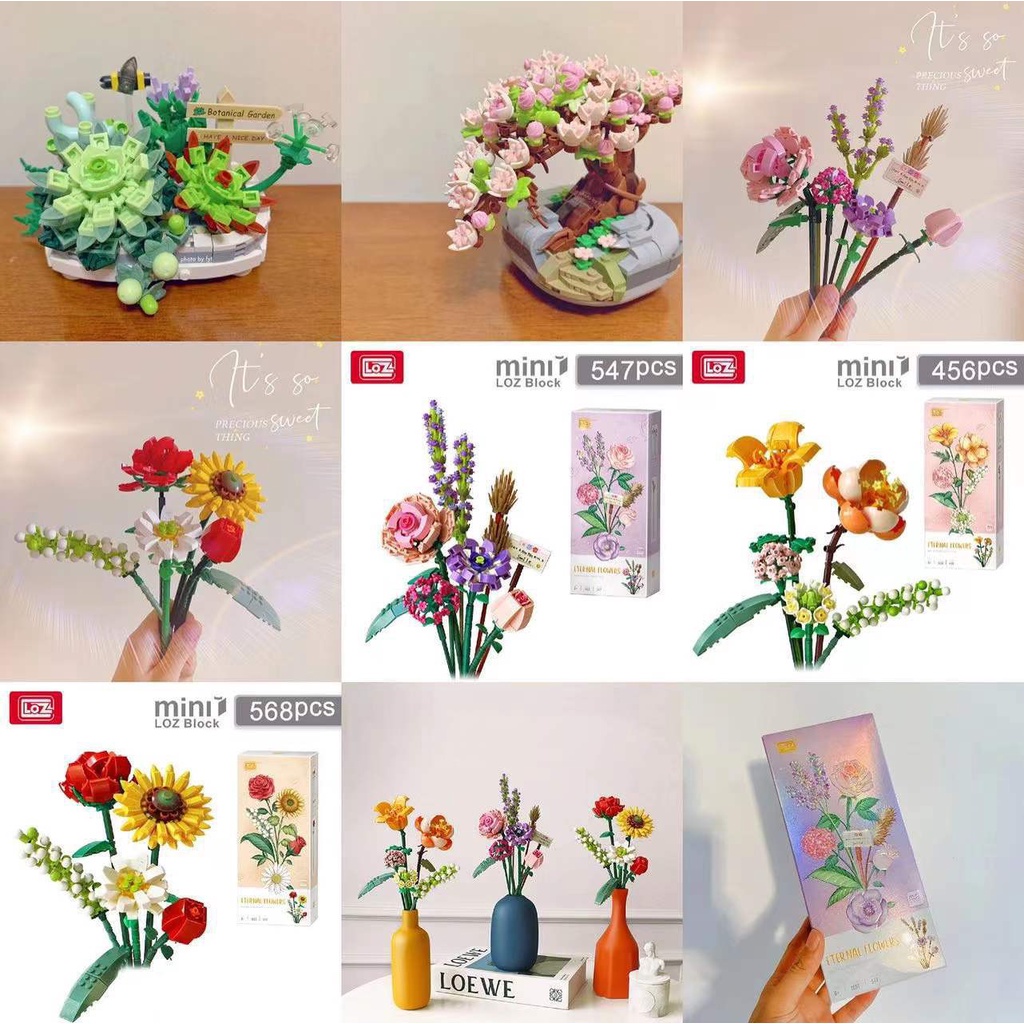 Bộ Lắp Ráp Hoa Hãng LOZ, Đồ Chơi Xếp Hình Khối Xây Dựng Bó Hoa Trang Trí Nhà Cửa, Mô hình quà tặng