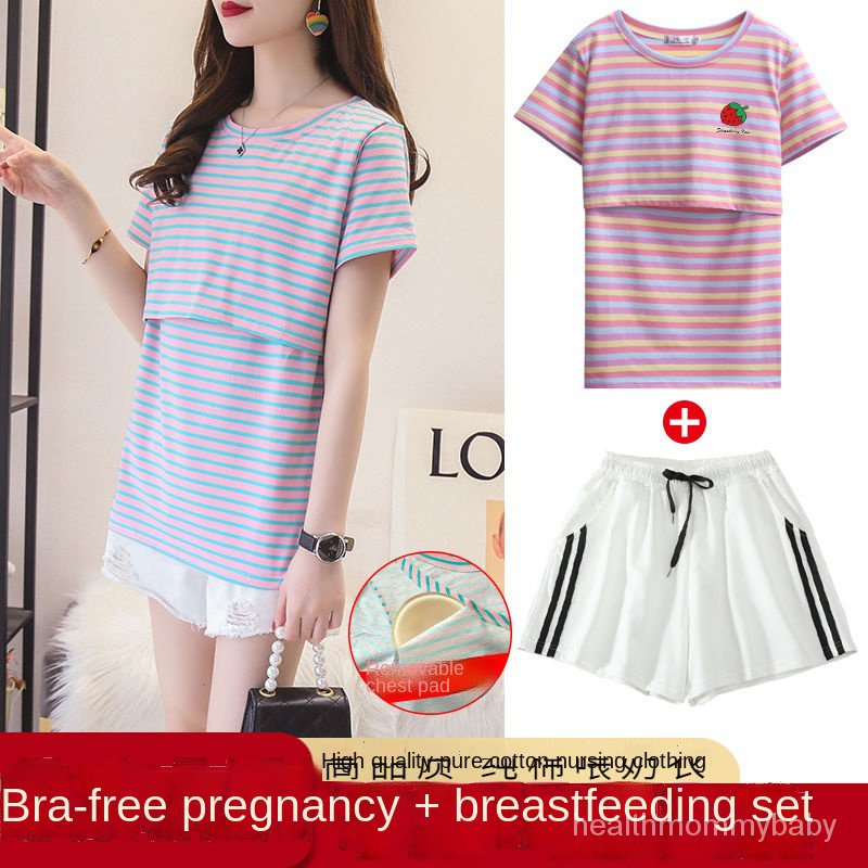 Trang Phục Cho Con Bú Đi Ra Ngoài Kích Thước Lớn TÁo Sơ Mi Tay Ngắn Có Đệm Ngực Quần Áo Ở Cữ Bông Trang Phục Bà Bầu Phù