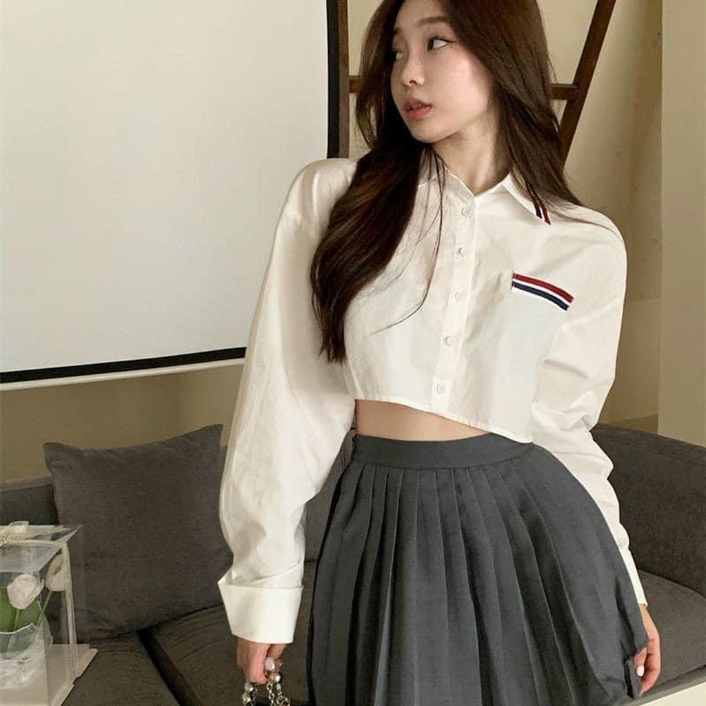 Áo sơ mi croptop, Áo sơ mi dáng lửng phối viền thom 2 màu pastel xinh xắn