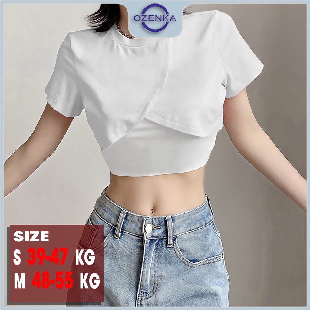 Áo croptop ngắn kiểu đắp chéo cộc tay nữ OZENKA , áo crt gợi cảm ulzzang cotton màu đen trắng dưới 55 cân