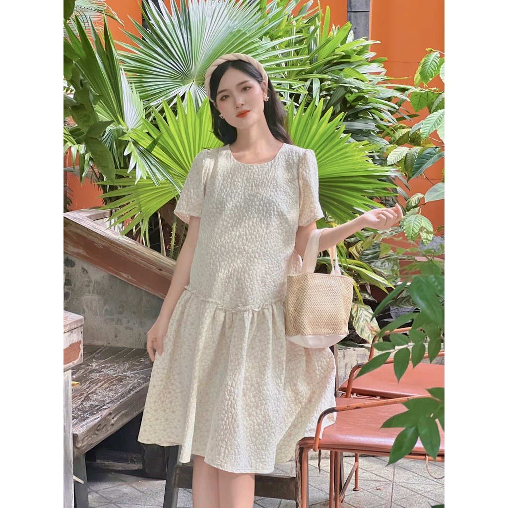 Đầm bầu hoa nhún tầng viền chanh sả