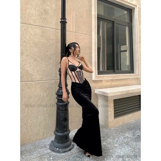 Bộ váy đuôi cá nhung nhún eo phối áo corset lưới xuyên thấu - Tây Gu