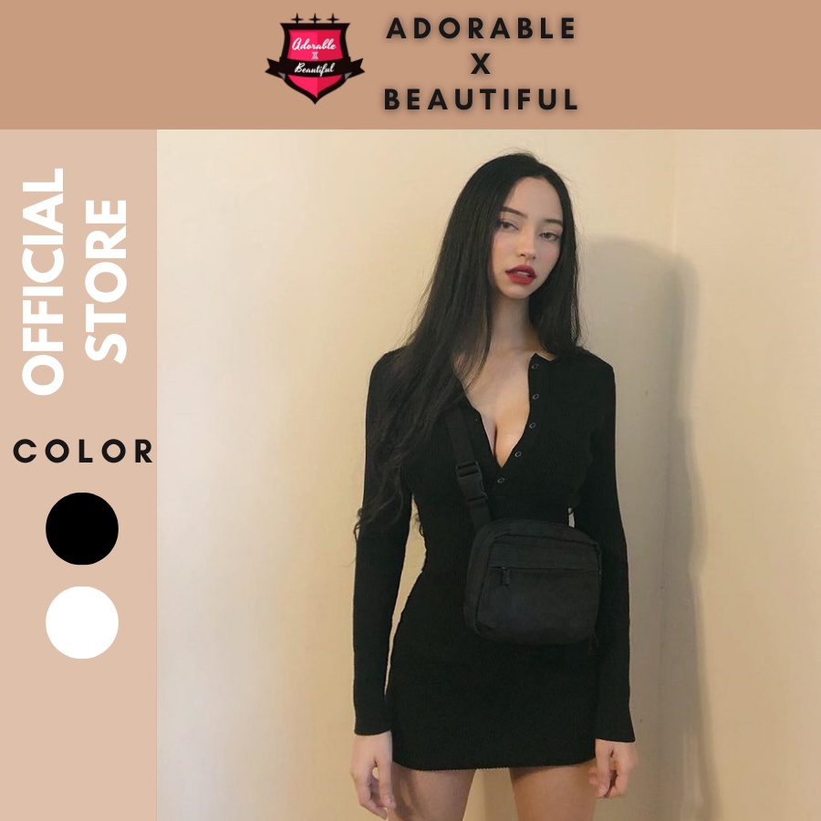 Đầm Body Thun Gân Tay Dài Trơn Nút Đen Trắng, Váy Ôm Basic Co Giãn Ôm Phong Cách Ulzzang [AdorablexBeautiful]