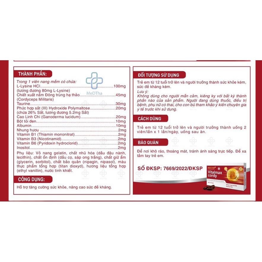 Viên Uống Đông Trùng Hạ Thảo Nhung Hươu Vitalmax Cordy - Viên Uống Tăng Sức Đề Kháng, Bồi Bổ Cơ Thể (Hộp 30 Viên)