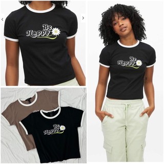 Áo croptop ôm xoăn lai thun cotton 2 màu viền trắng in Be Happy