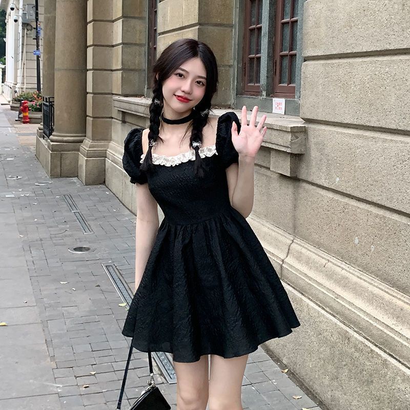 Váy babydoll đâm babydoll đâm du tiec Đầm Chữ a Tay Ngắn Phồng Thắt Nơ Nhỏ Phong Cách Pháp Ngọt Ngào Thời Trang Mùa Hè Mới Dành Cho Bạn Nữ