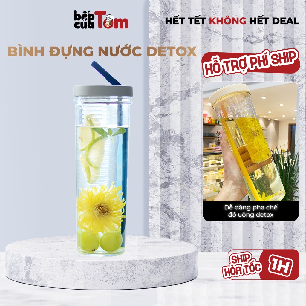 Bình Nước Detoxc Trong Suốt Có Ống Hút Kèm Khay Lọc Trà Chất Liệu Nhựa Trong Suốt Dung Tích 700ml