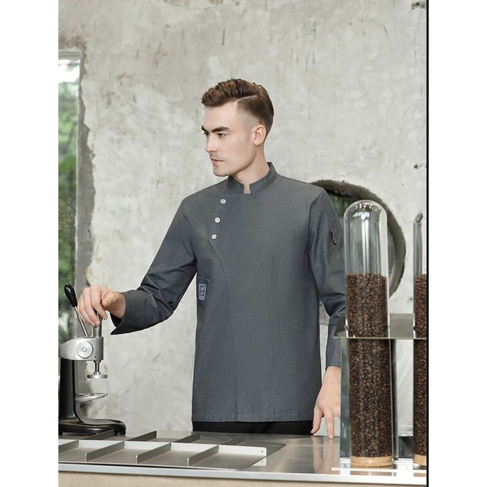 Áo bếp đồng phục nam nữ màu xám dài tay
