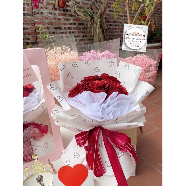 Bó Hoa Nhũ 5 Bông Kèm Túi Xách,Thiệp