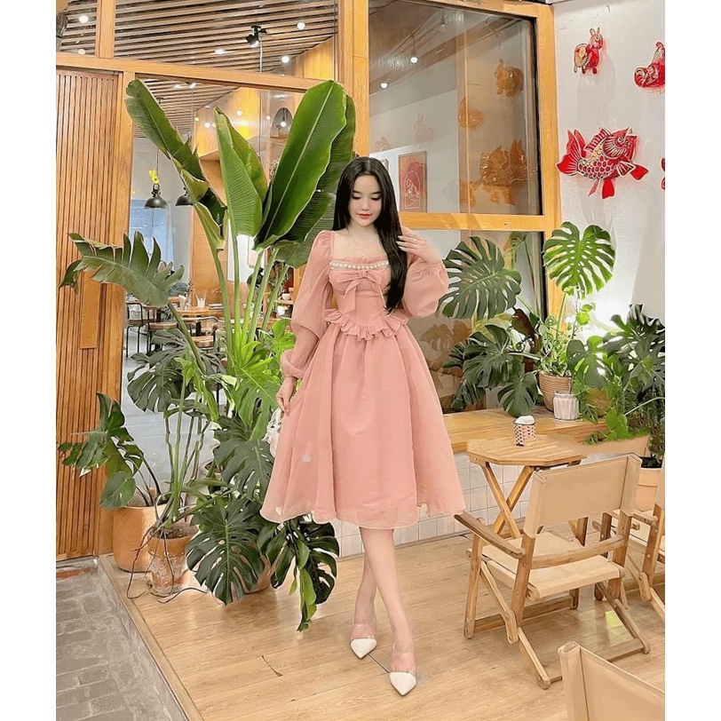 Đầm Nữ Dáng Xòe Voan Tơ Phối Nơ Đính Ngọc Mặc Đẹp Dáng Xinh NEW UNISEX