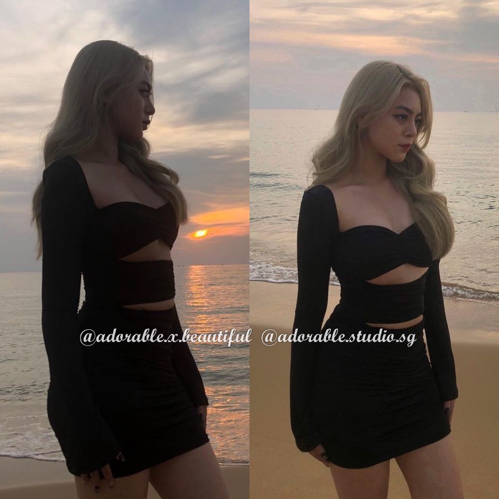 Đầm Body Thun Tay Dài 2 Lớp Cut Out, Váy Ôm Cổ Vuông Co Giãn Sexy Dự Tiệc Sang Trọng