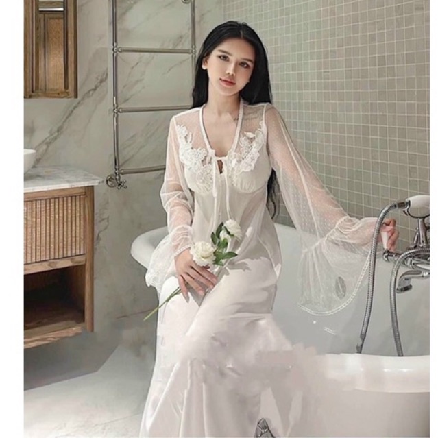 SP.230 Váy ngủ lụa dáng dài tay ren xoè chấm bi màu trắng phong cách tiểu thư, đầm ngủ Quảng Châu cao cấp